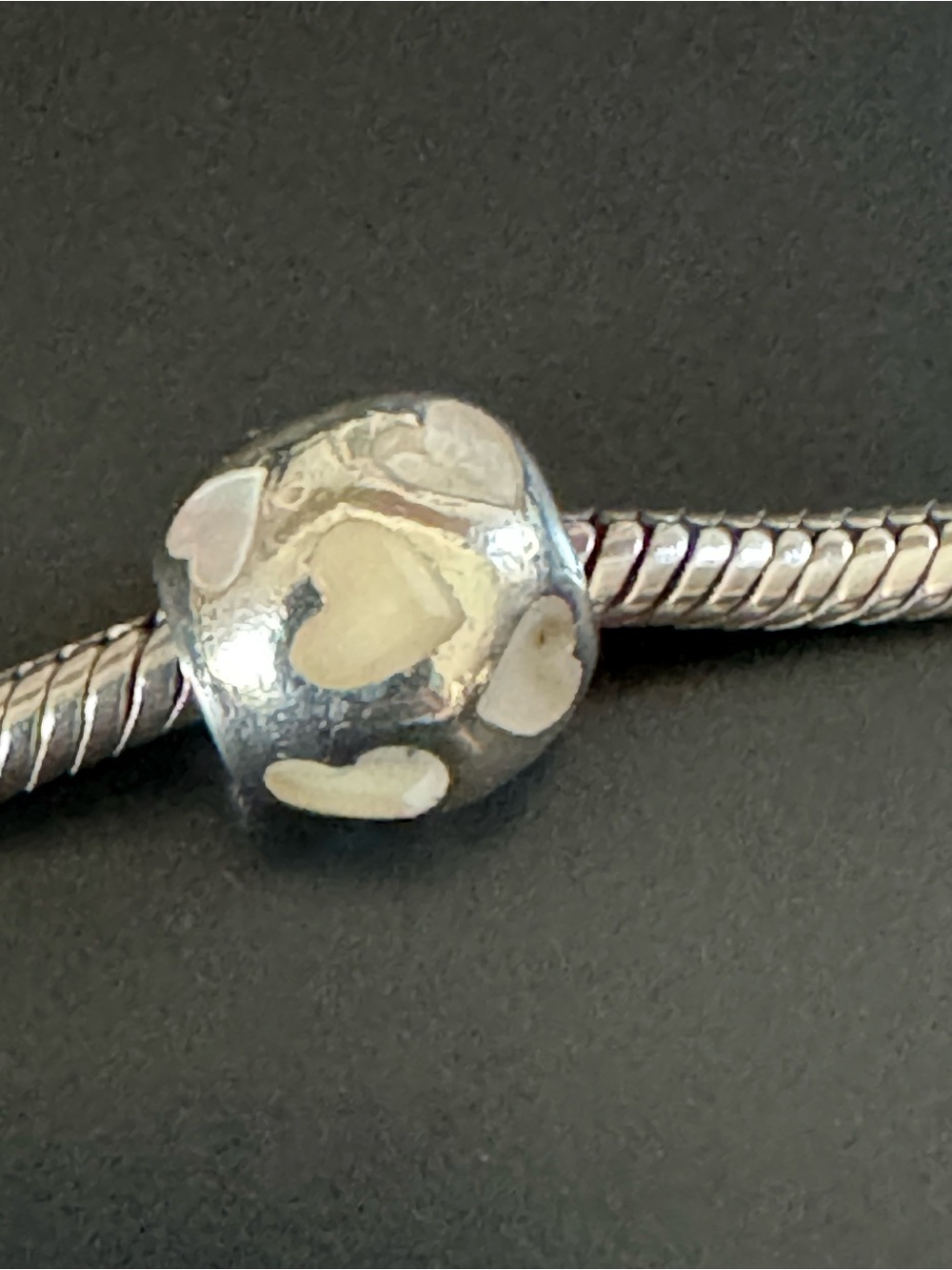 Pandora Retired 925 Sterling Silver “Love Me” White Mother-of-Pearl Bead Charm